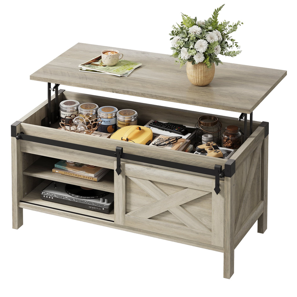 GALAXHERO 39.4" Farmhouse Large Coffee Table Lift Top Coffee Table with Hidden Storage Compartment Sliding Barn Doors Modern Wood Center Table for Living Room