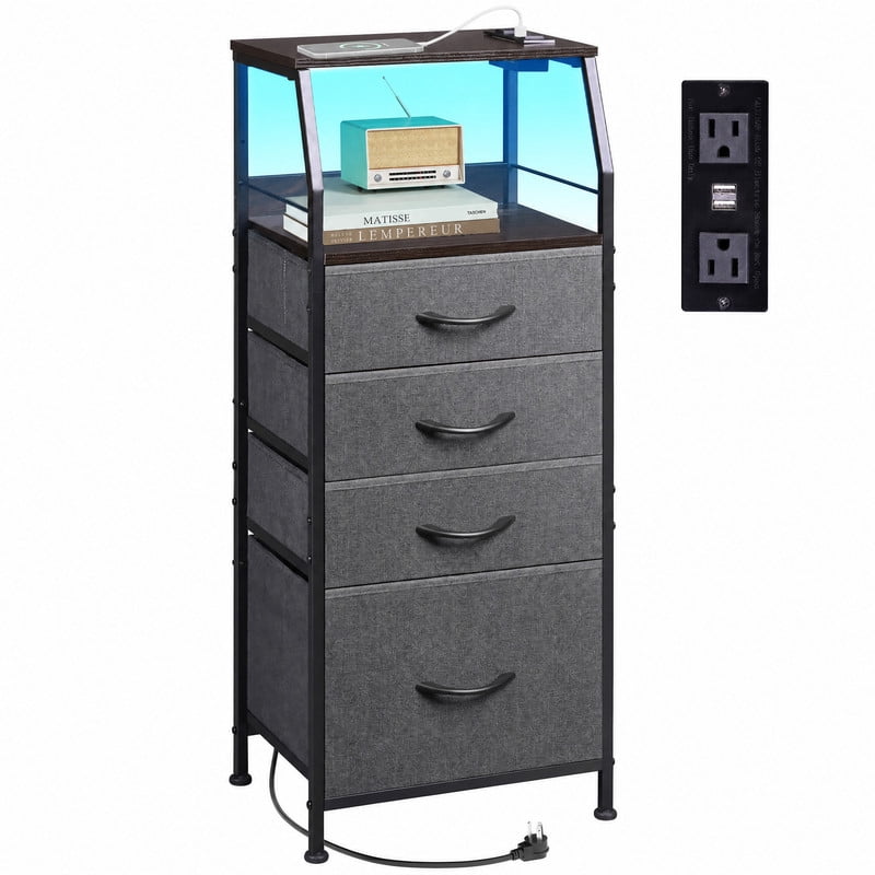 GALAXHERO Dresser for Bedroom, 4 Drawer Nightstand with Charging Station,Tall Bedside Table with LED and Open Shelf