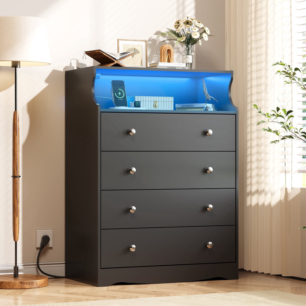 GALAXHERO 4 Drawers Dresser for Bedroom, Tall  Dressers with LED Open Shelf, Modern Chest of Drawers with Charging Station, Wood Closet Clothes Organizer Storage Cabinet