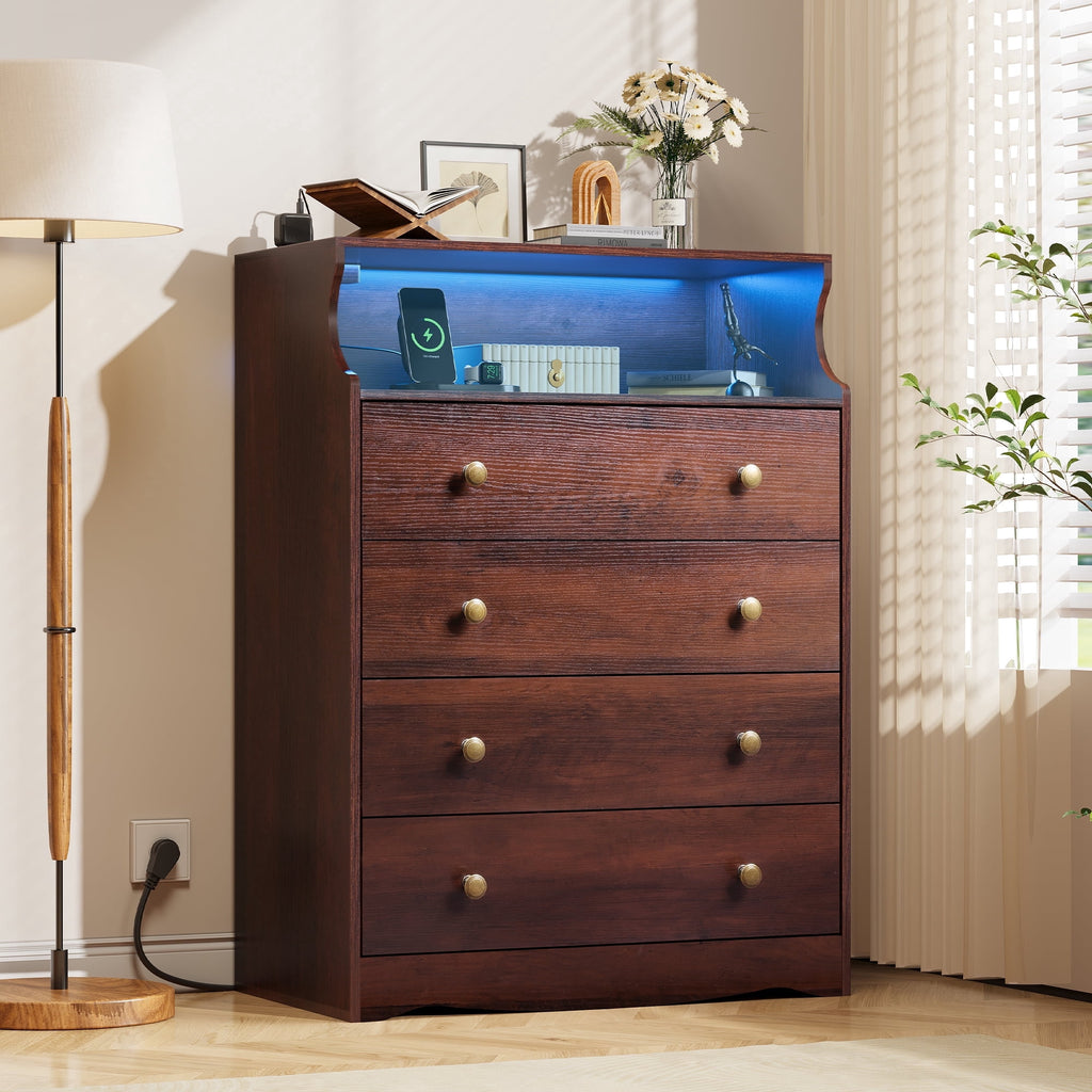 GALAXHERO 4 Drawers Dresser for Bedroom, Tall  Dressers with LED Open Shelf, Modern Chest of Drawers with Charging Station, Wood Closet Clothes Organizer Storage Cabinet