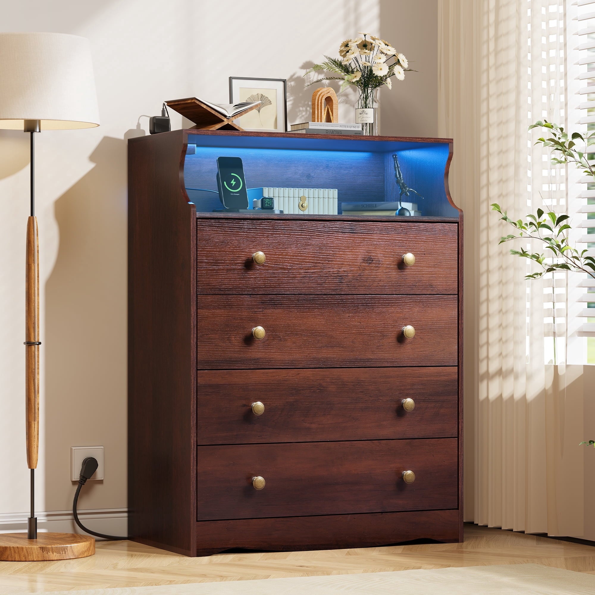 GALAXHERO 4 Drawers Dresser with LED Lights, Tall Dressers with Charging Station, Wood Chest of Drawers for Bedroom, Living Room, Closet, Hallway