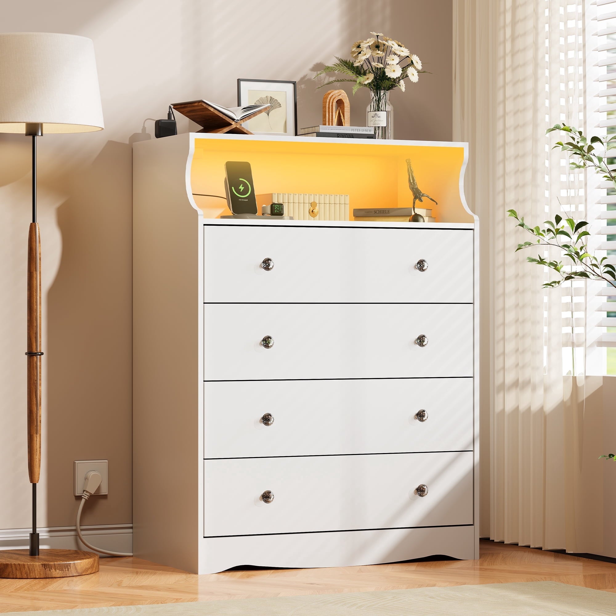 GALAXHERO 4 Drawers Dresser with LED Lights, Tall Dressers with Charging Station, Wood Chest of Drawers for Bedroom, Living Room, Closet, Hallway