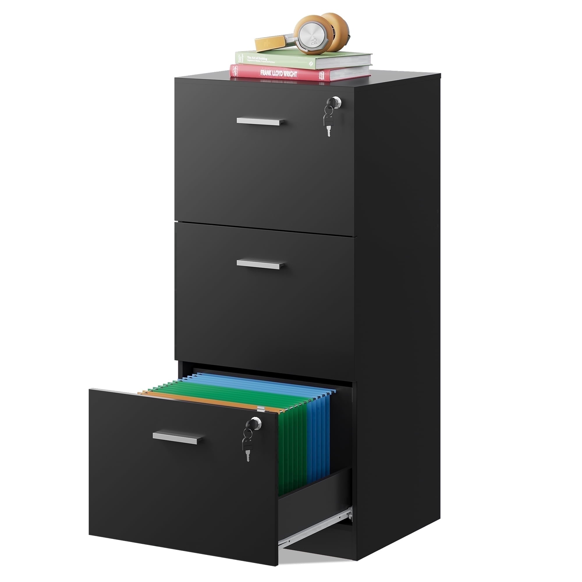 GALAXHERO 3 Drawers File Cabinets, Wood Vertical Filing Cabinet with Lock for Home Office, Letter/A4 Size