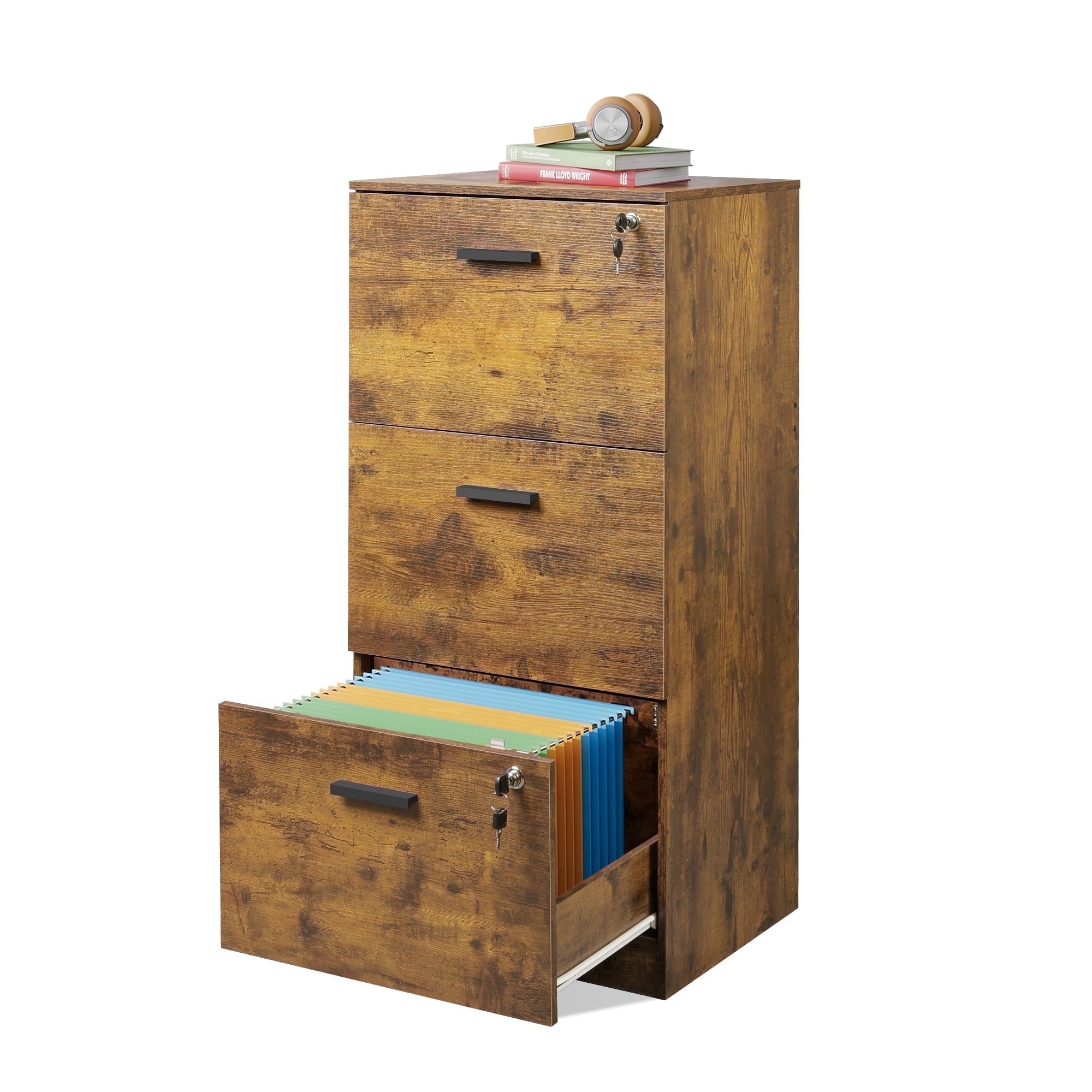 GALAXHERO 3 Drawers File Cabinets, Wood Vertical Filing Cabinet with Lock for Home Office, Letter/A4 Size
