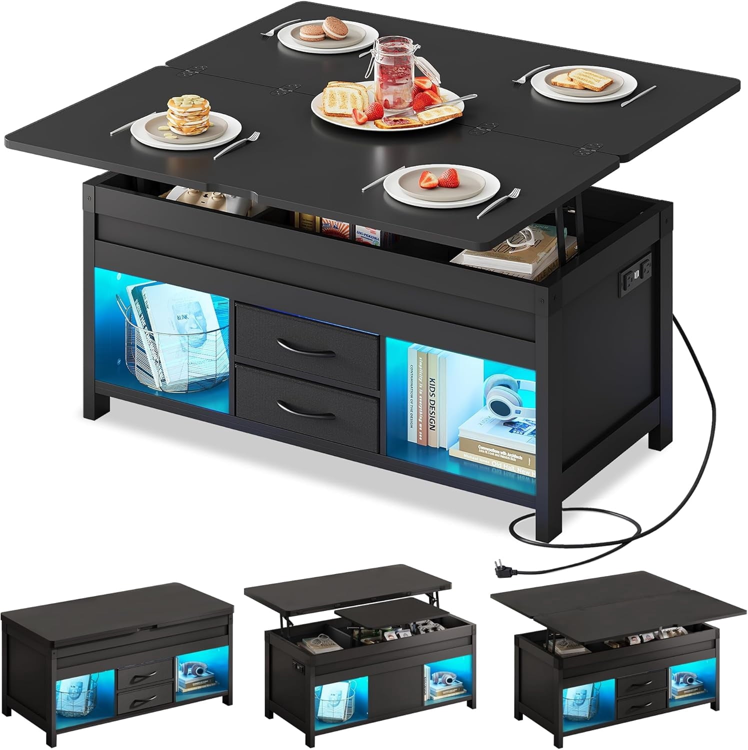 GALAXHERO 40" Lift Top Coffee Table with Storage, 4 in 1 Coffee Tables with 2 Fabric Drawers LED Light and USB, Modern Coffee Table with Hidden Compartment for Living Room, Dining Room