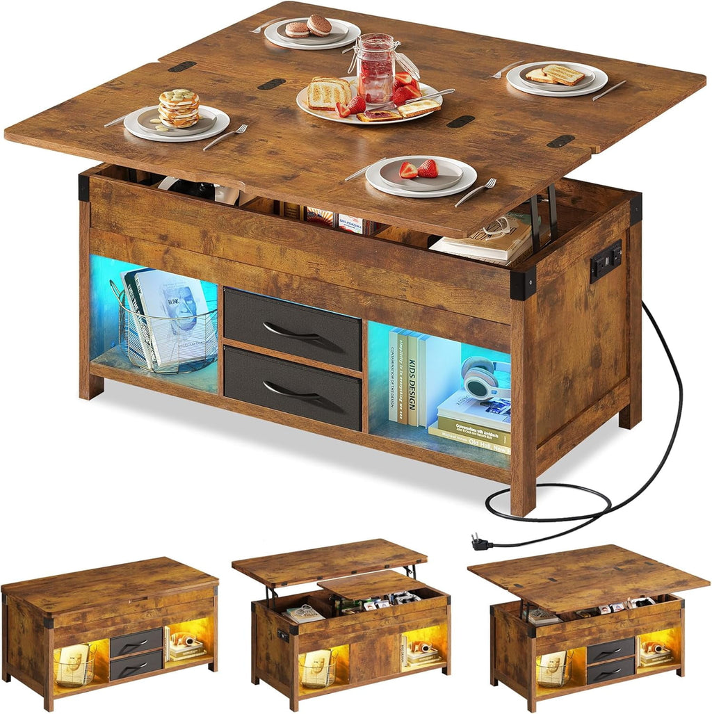 GALAXHERO 40" Lift Top Coffee Table with Storage, 4 in 1 Coffee Tables with 2 Fabric Drawers LED Light and USB, Modern Coffee Table with Hidden Compartment for Living Room, Dining Room