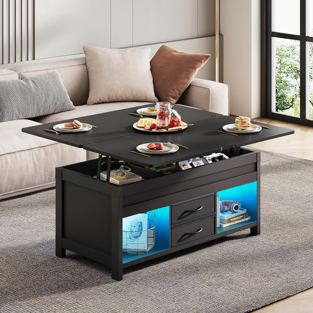 GALAXHERO 40" Lift Top Coffee Table with Storage, 4 in 1 Coffee Tables with 2 Fabric Drawers LED Light and USB, Modern Coffee Table with Hidden Compartment for Living Room, Dining Room