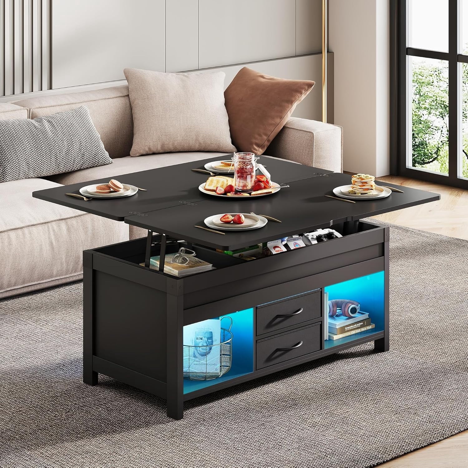 GALAXHERO 40" Lift Top Coffee Table with Storage, 4 in 1 Coffee Tables with 2 Fabric Drawers LED Light and USB, Modern Coffee Table with Hidden Compartment for Living Room, Dining Room