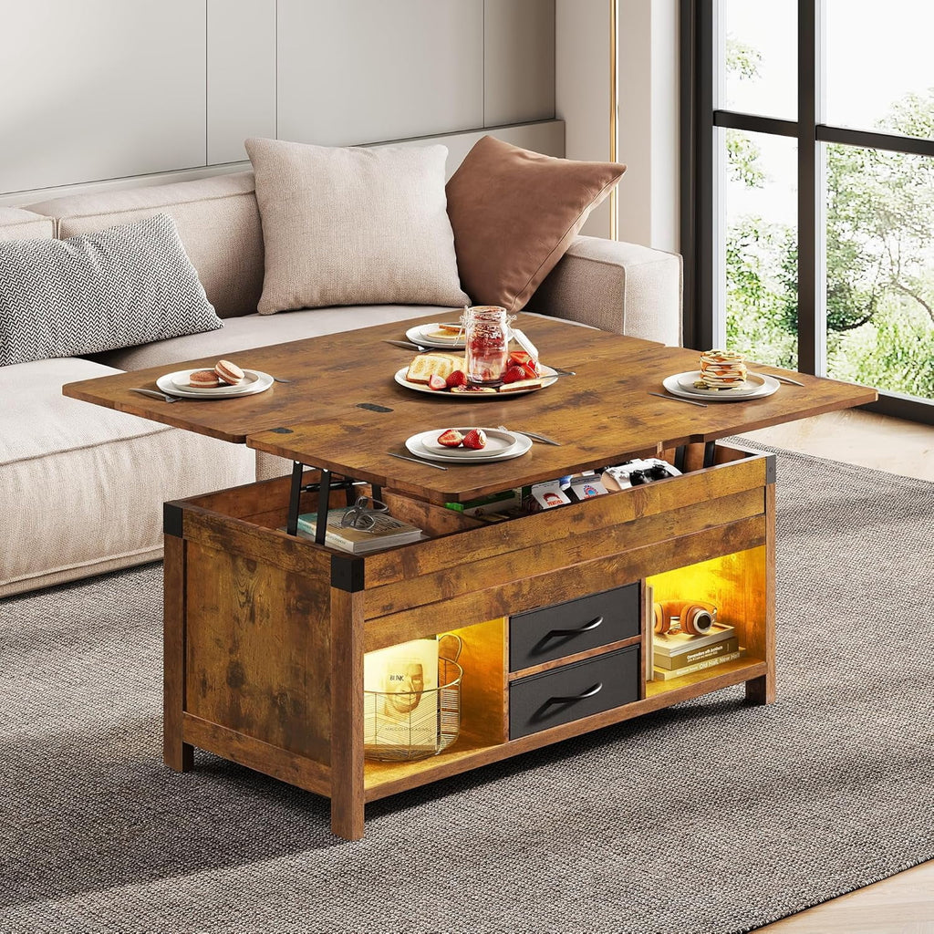 GALAXHERO 40" Lift Top Coffee Table with Storage, 4 in 1 Coffee Tables with 2 Fabric Drawers LED Light and USB, Modern Coffee Table with Hidden Compartment for Living Room, Dining Room