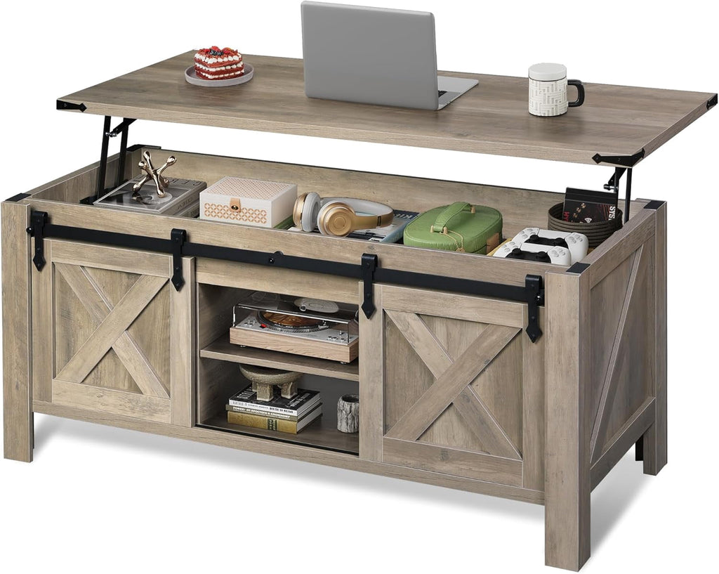 GALAXHERO 47.3" Farmhouse Lift Top Coffee Table with Sliding Barn Doors, Large Hidden Storage Compartment and Adjustable Shelf for Living Room, Office