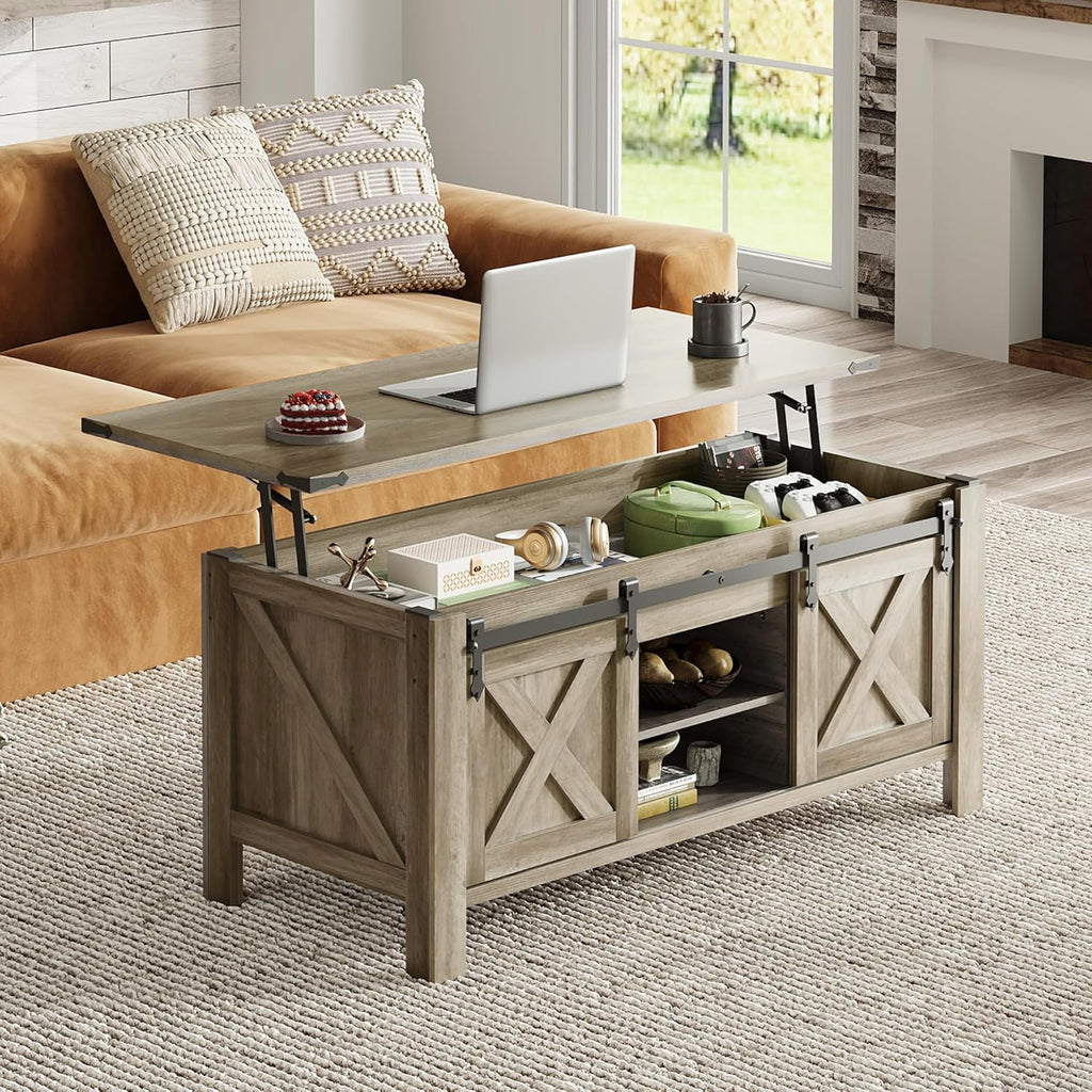 GALAXHERO 47.3" Farmhouse Lift Top Coffee Table with Sliding Barn Doors, Large Hidden Storage Compartment and Adjustable Shelf for Living Room, Office