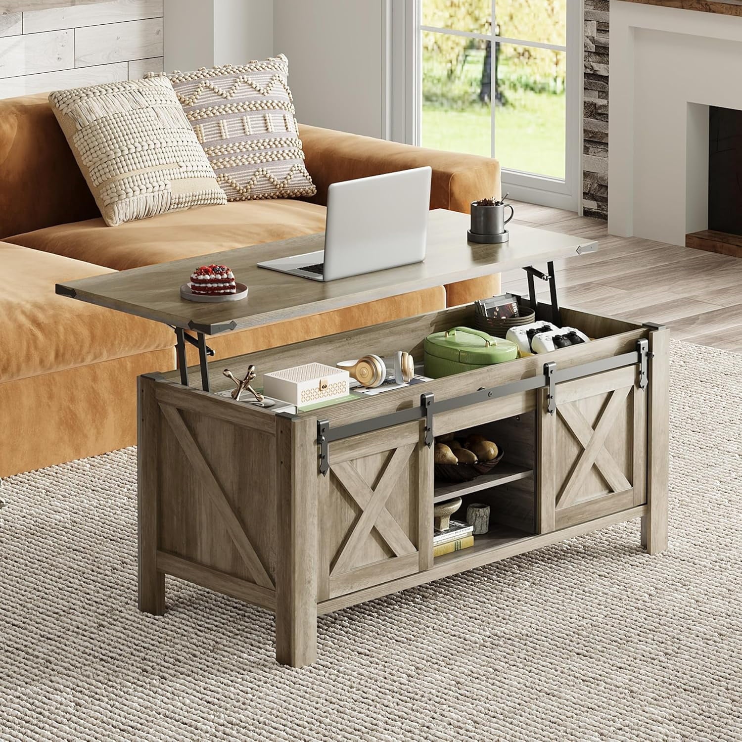 GALAXHERO 47.3" Farmhouse Lift Top Coffee Table with Sliding Barn Doors, Large Hidden Storage Compartment and Adjustable Shelf for Living Room, Office