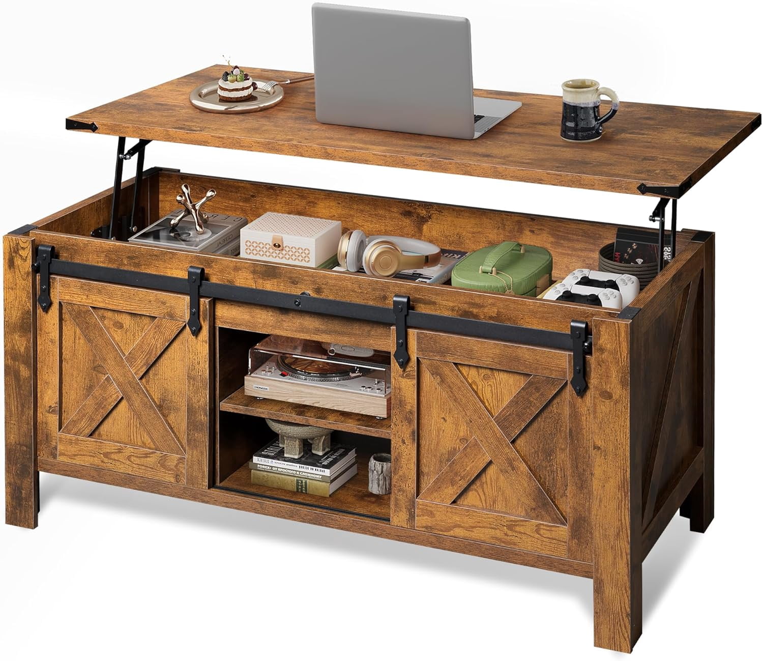 GALAXHERO 47.3" Farmhouse Lift Top Coffee Table with Sliding Barn Doors, Large Hidden Storage Compartment and Adjustable Shelf for Living Room, Office
