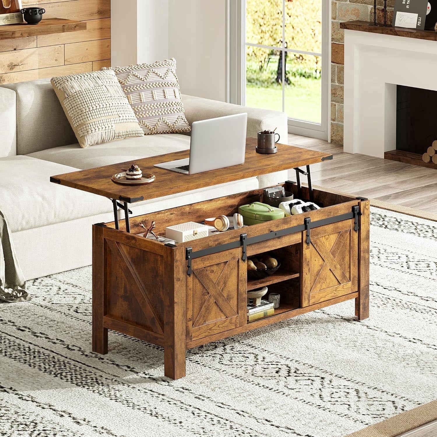 GALAXHERO 47.3" Farmhouse Lift Top Coffee Table with Sliding Barn Doors, Large Hidden Storage Compartment and Adjustable Shelf for Living Room, Office