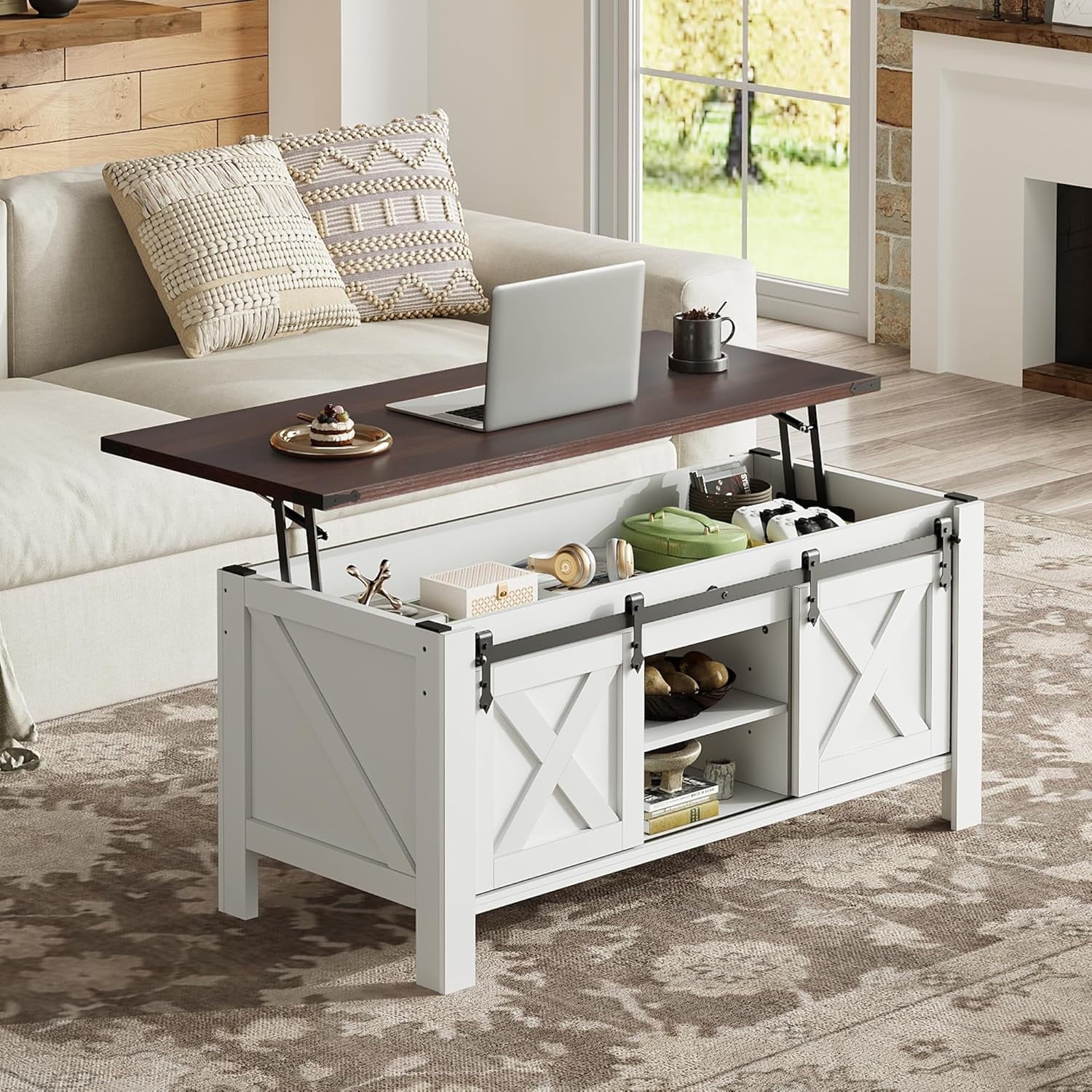 GALAXHERO 47.3" Farmhouse Lift Top Coffee Table with Sliding Barn Doors, Large Hidden Storage Compartment and Adjustable Shelf for Living Room, Office