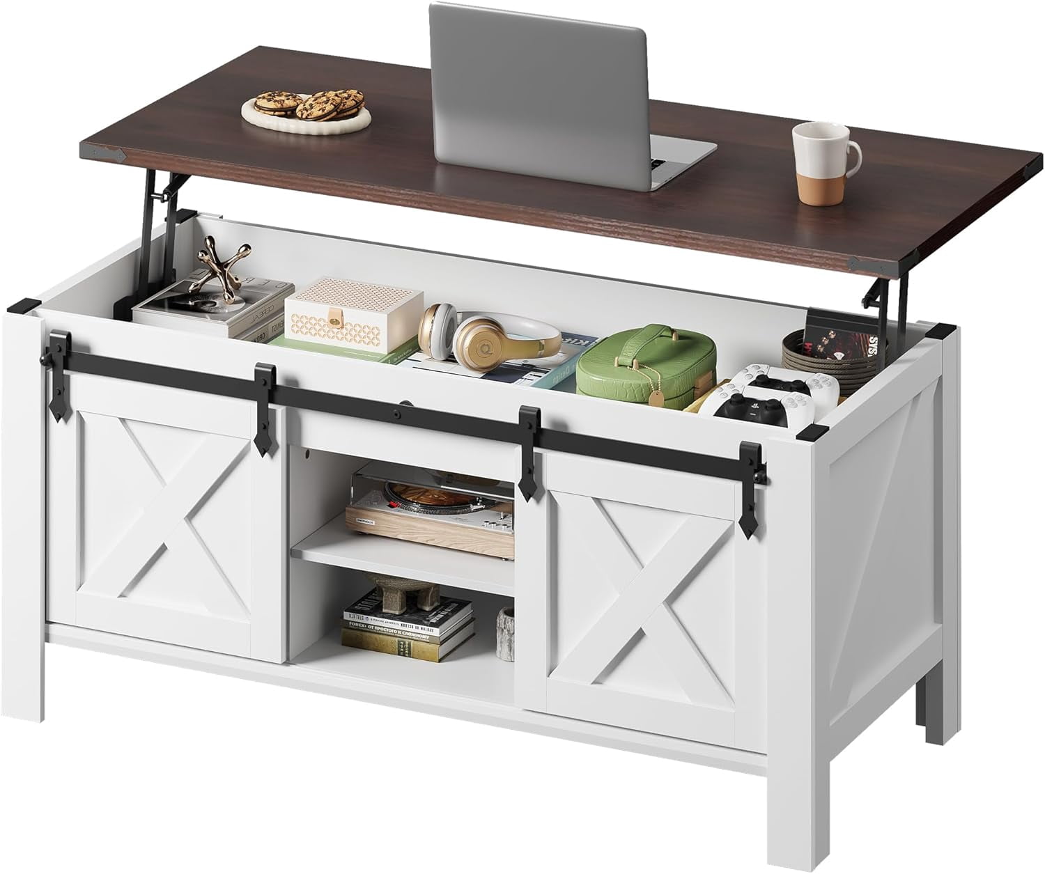 GALAXHERO 47.3" Farmhouse Lift Top Coffee Table with Sliding Barn Doors, Large Hidden Storage Compartment and Adjustable Shelf for Living Room, Office