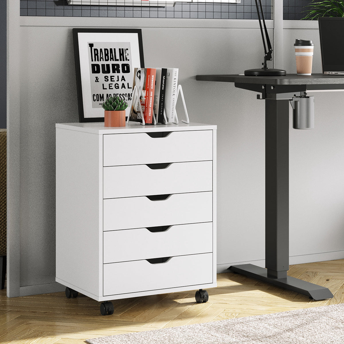 GALAXHERO 5 Drawer File Cabinet, Small Rolling Office Cabinet with Drawers & Wheels, Wood Storage Cabinet for Home Office