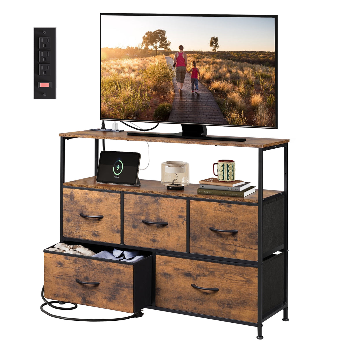 GALAXHERO Dresser 5 Drawer TV Stand Entertainment Center for Bedroom Living Room Closet with Open Shelf and Power Outlet Fits 45 Inch TV
