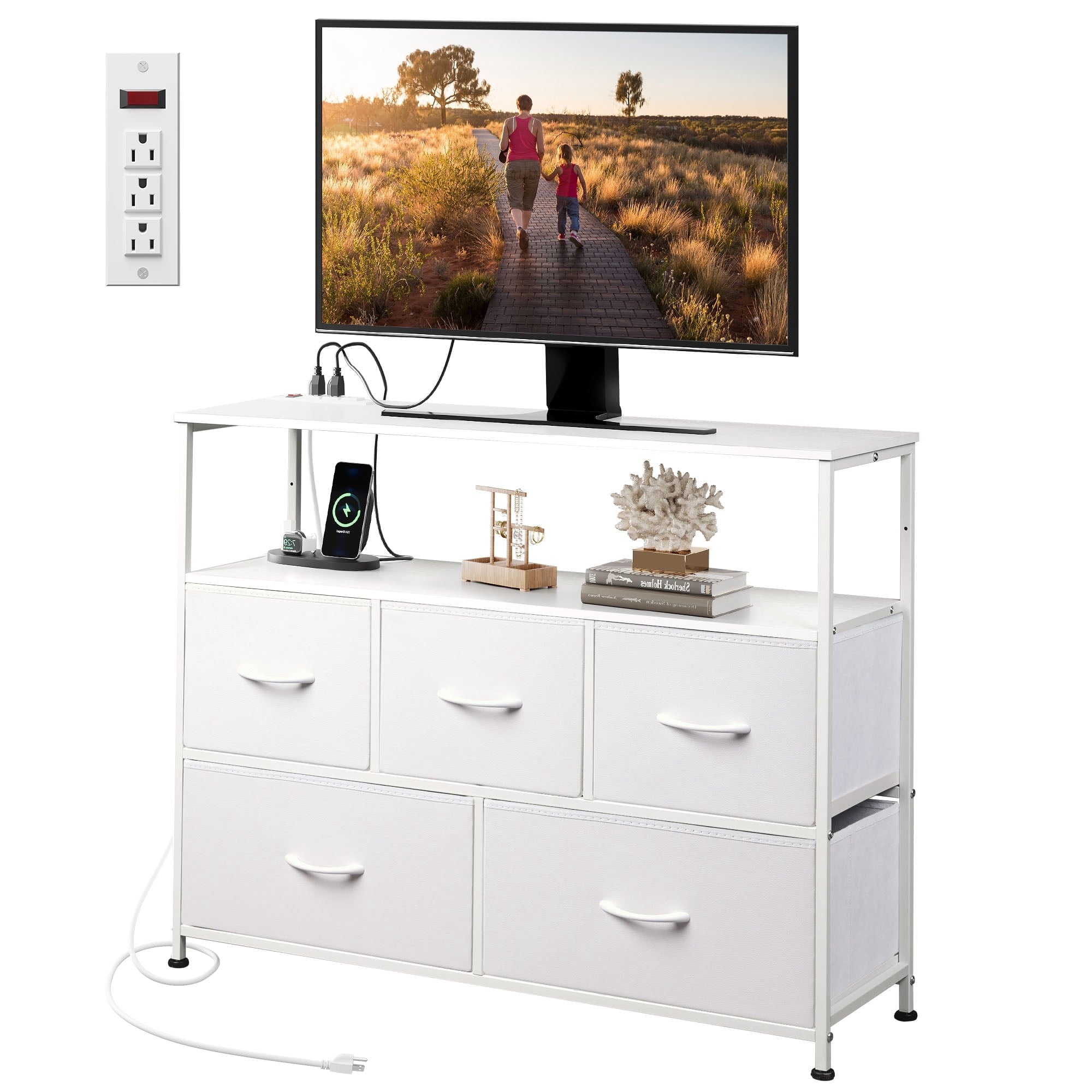 GALAXHERO Dresser 5 Drawer TV Stand Entertainment Center for Bedroom Living Room Closet with Open Shelf and Power Outlet Fits 45 Inch TV