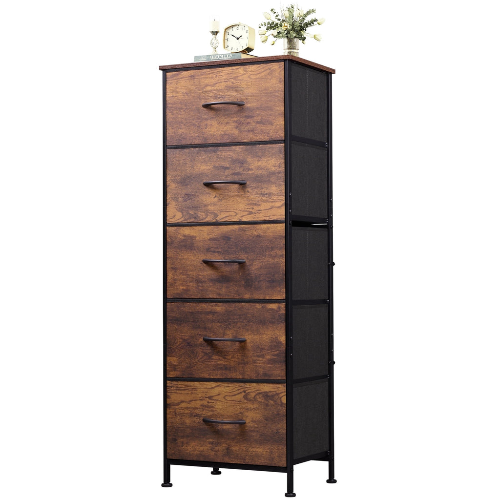 GALAXHERO 5-Drawer Tall Fabric Dresser with Wood Top, Storage Organizer Chest for Bedroom, Closet, Hallway, Sturdy Steel Frame