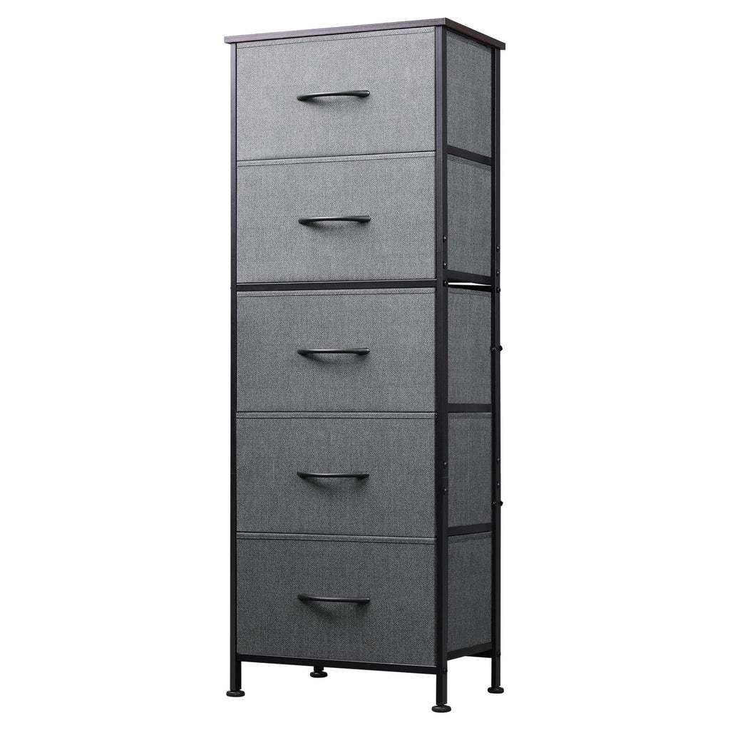 GALAXHERO 5-Drawer Tall Fabric Dresser with Wood Top, Storage Organizer Chest for Bedroom, Closet, Hallway, Sturdy Steel Frame, Rustic Brown Wood Grain Print