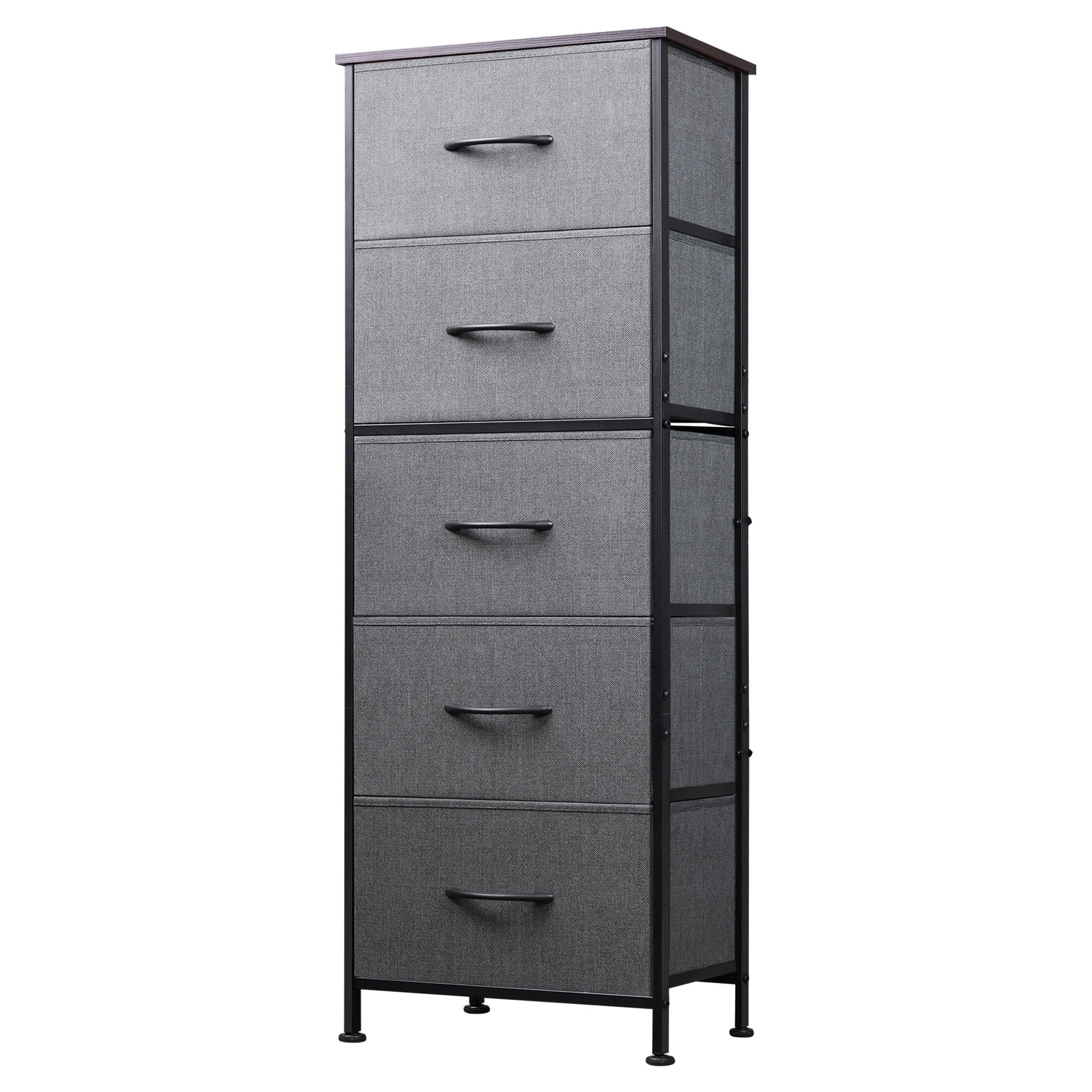 GALAXHERO 5-Drawer Tall Fabric Dresser with Wood Top, Storage Organizer Chest for Bedroom, Closet, Hallway, Sturdy Steel Frame, Rustic Brown Wood Grain Print