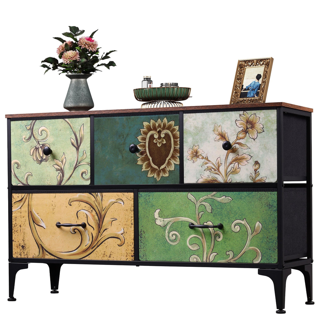 GALAXHERO 5-Drawer Wide Fabric Dresser Storage Organizer Unit, Chest of Drawers with Fabric Bins for Bedroom, Closet, Living Room, Hallway, Floral Painted