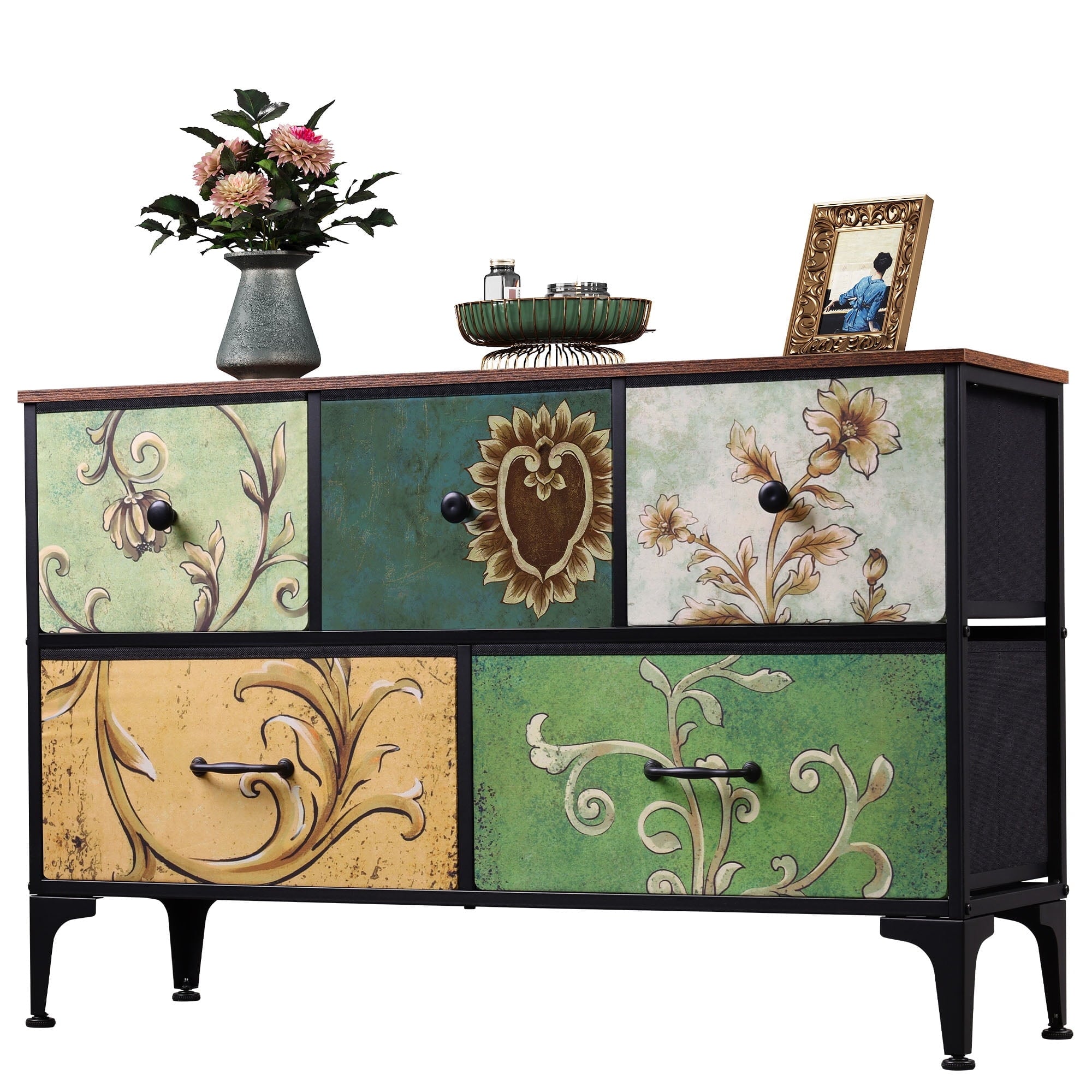 GALAXHERO 5-Drawer Wide Fabric Dresser Storage Organizer Unit, Chest of Drawers with Fabric Bins for Bedroom, Closet, Living Room, Hallway, Floral Painted