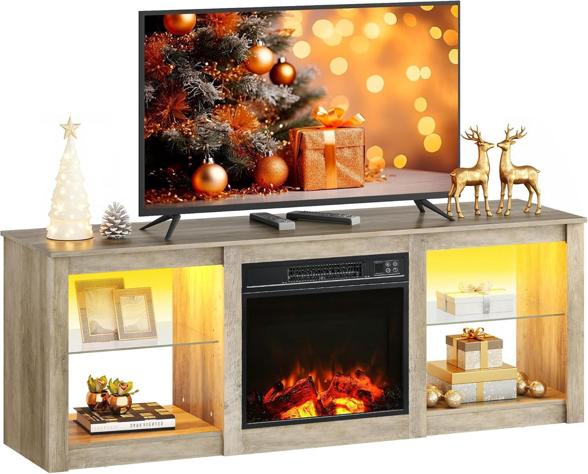 GALAXHERO 58 Inches Fireplace TV Stand with LED Lights, Modern Entertainment Center with 18'' Electric Fireplace & Adjustable Glass Shelves, Sturdy Media Console for Living Room, Bedroom