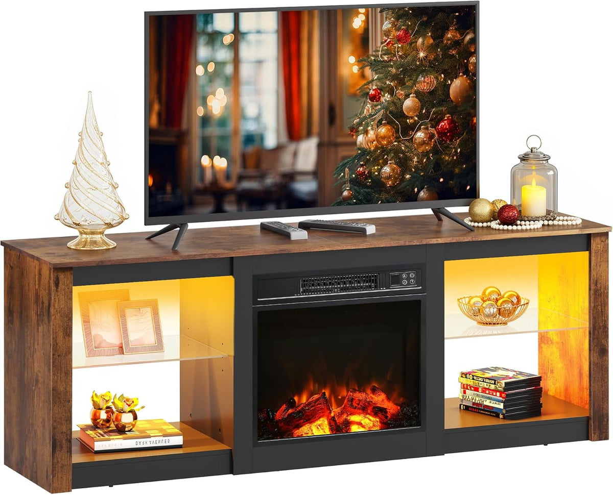 GALAXHERO 58 Inches Fireplace TV Stand with LED Lights, Modern Entertainment Center with 18'' Electric Fireplace & Adjustable Glass Shelves, Sturdy Media Console for Living Room, Bedroom