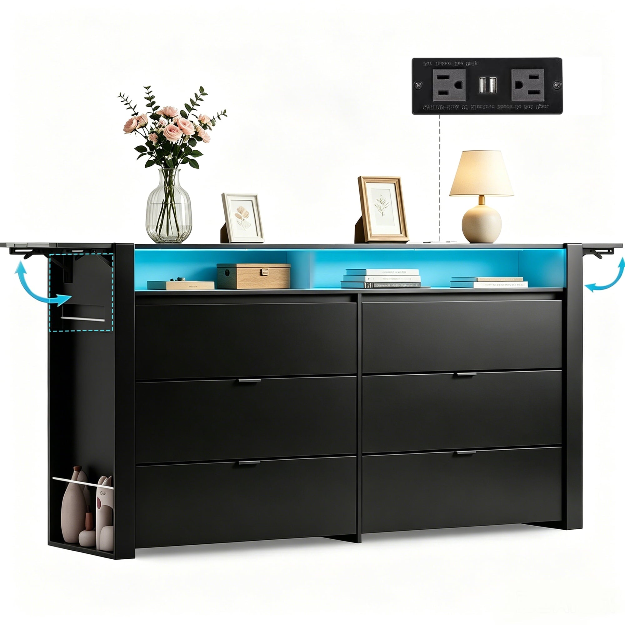 GALAXHERO 6 Drawer Dresser with LED Lights, Modern Dresser with Charging Station, Large Wood Chest of Drawers with Flexible Shelves and Hanging Rack for Bedroom, Closet, Living Room