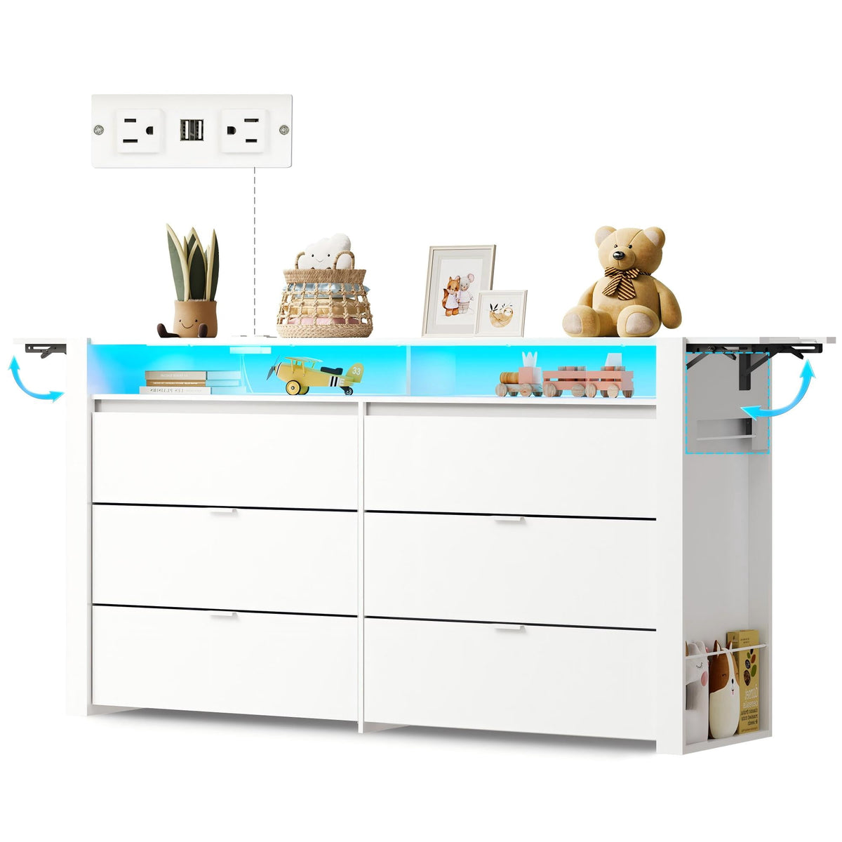 GALAXHERO 6 Drawer Dresser with LED Lights, Modern Dresser with Charging Station, Large Wood Chest of Drawers with Flexible Shelves and Hanging Rack for Bedroom, Closet, Living Room