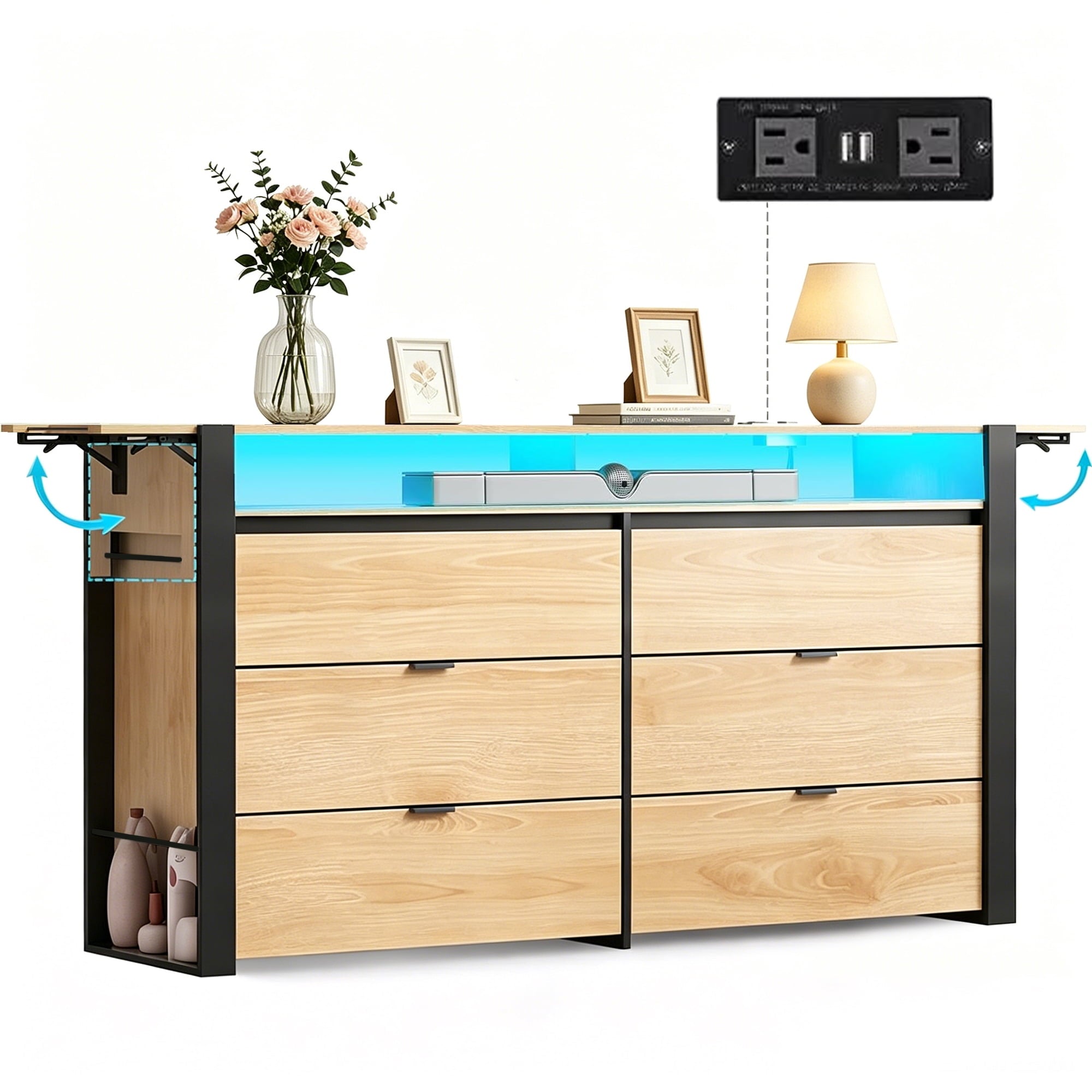 GALAXHERO 6 Drawer Dresser with LED Lights, Modern Dresser with Charging Station, Large Wood Chest of Drawers with Flexible Shelves and Hanging Rack for Bedroom, Closet, Living Room