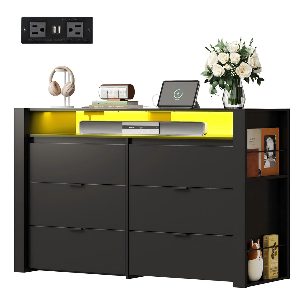 GALAXHERO 6 Drawer Dresser for Bedroom with LED Lights, Double Dresser with Charging Station, Large Wood Chest of Drawers, TV Stand for 55 inch TV for Closet, Living Room