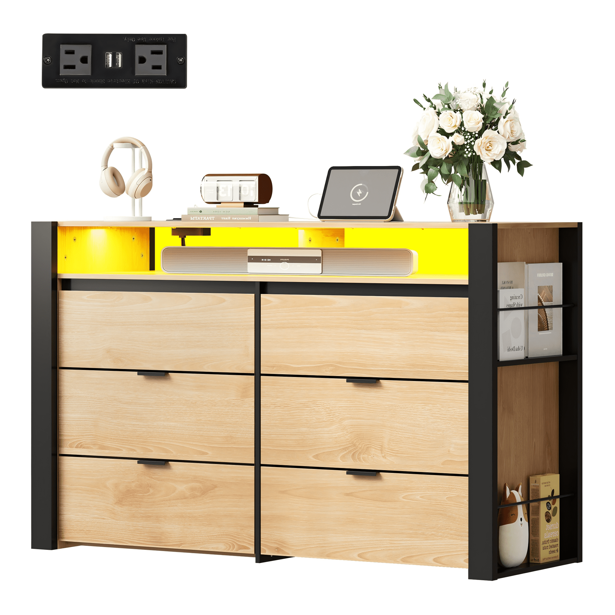GALAXHERO 6 Drawer Dresser for Bedroom with LED Lights, Double Dresser with Charging Station, Large Wood Chest of Drawers, TV Stand for 55 inch TV for Closet, Living Room