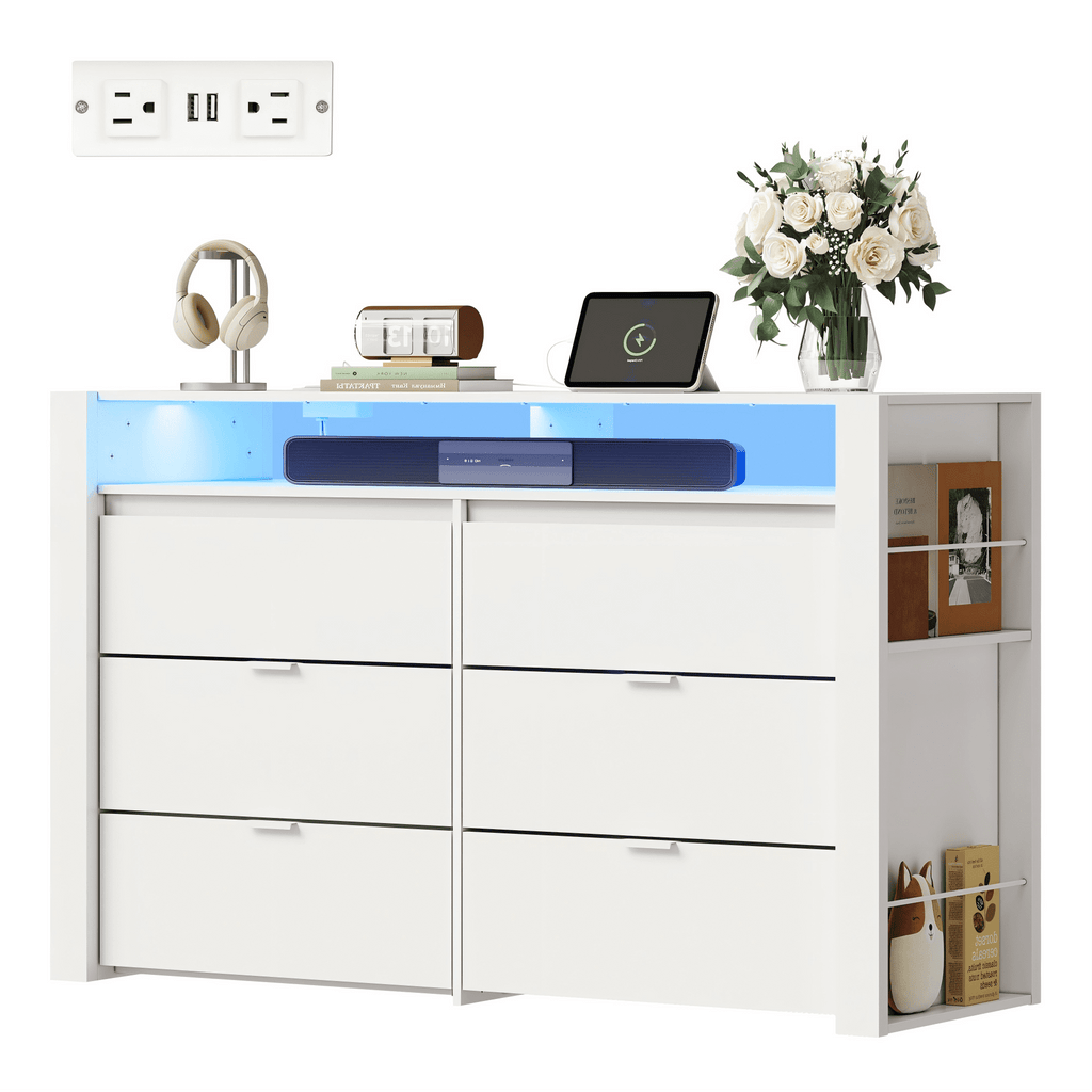 GALAXHERO 6 Drawer Dresser for Bedroom with LED Lights, Double Dresser with Charging Station, Large Wood Chest of Drawers, TV Stand for 55 inch TV for Closet, Living Room