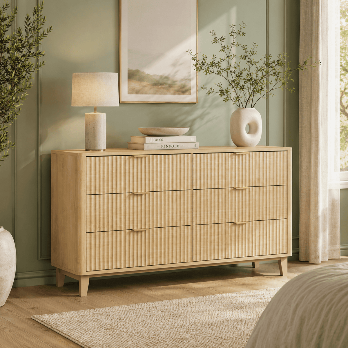 GALAXHERO 6 Drawer Dresser for Bedroom, Wide Chest of Drawers, Fluted Wood Dresser, TV Stand for 55 inch TV, Storage Cabinet for Living Room, Hallway