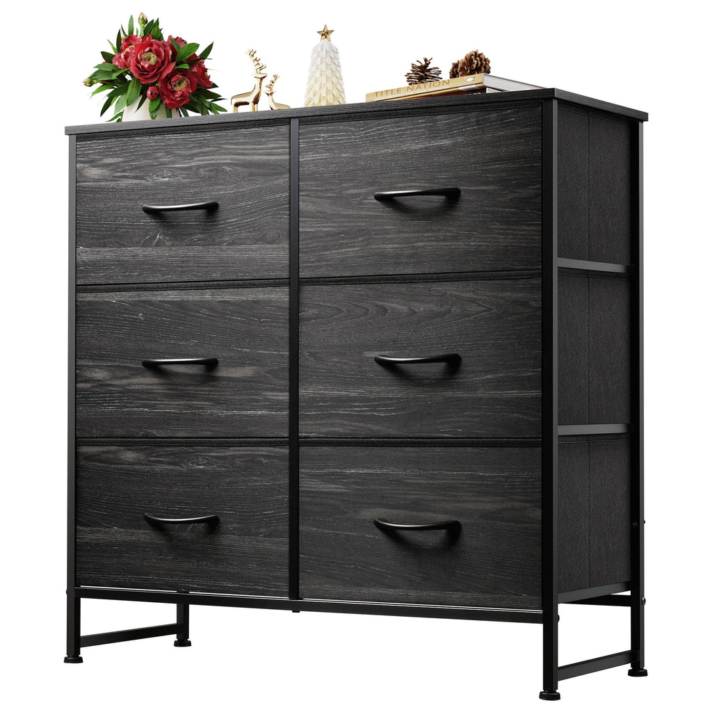 GALAXHERO 6 Drawer Dresser, Black Fabric Double Dresser, Storage Tower with Fabric Bins, Chest of Drawers for Bedroom, Closet, Living Room, Hallway,Charcoal Black Wood Grain Print