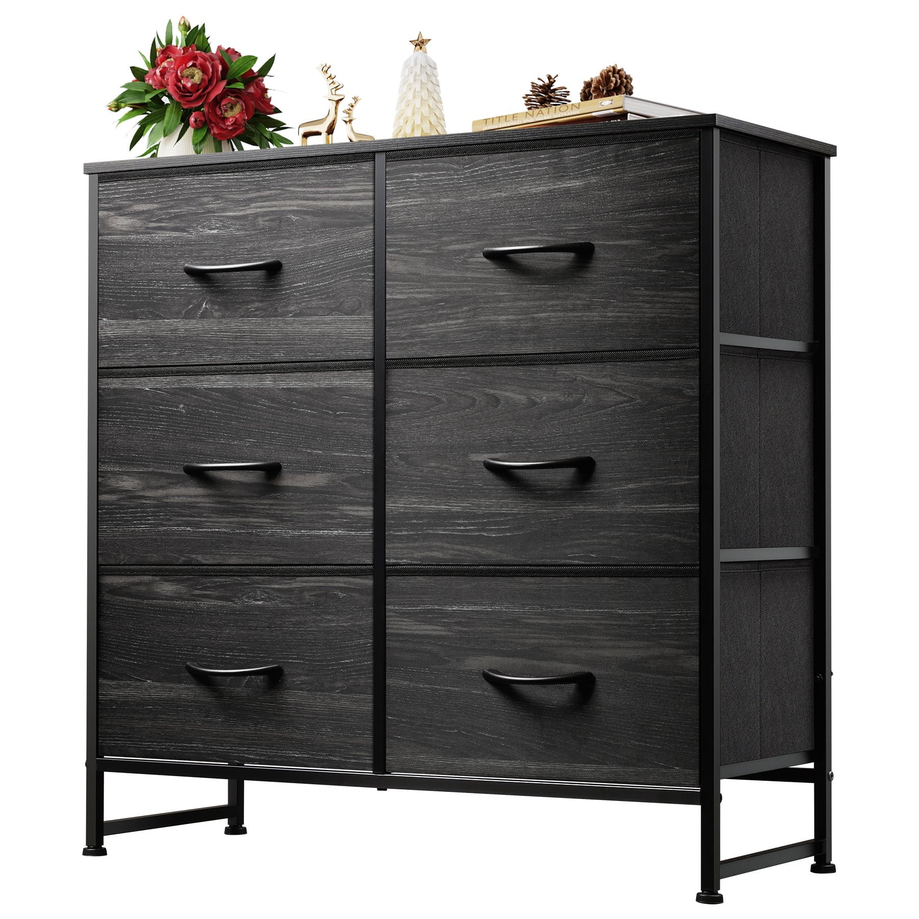 GALAXHERO 6 Drawer Dresser, Black Fabric Double Dresser, Storage Tower with Fabric Bins, Chest of Drawers for Bedroom, Closet, Living Room, Hallway,Charcoal Black Wood Grain Print