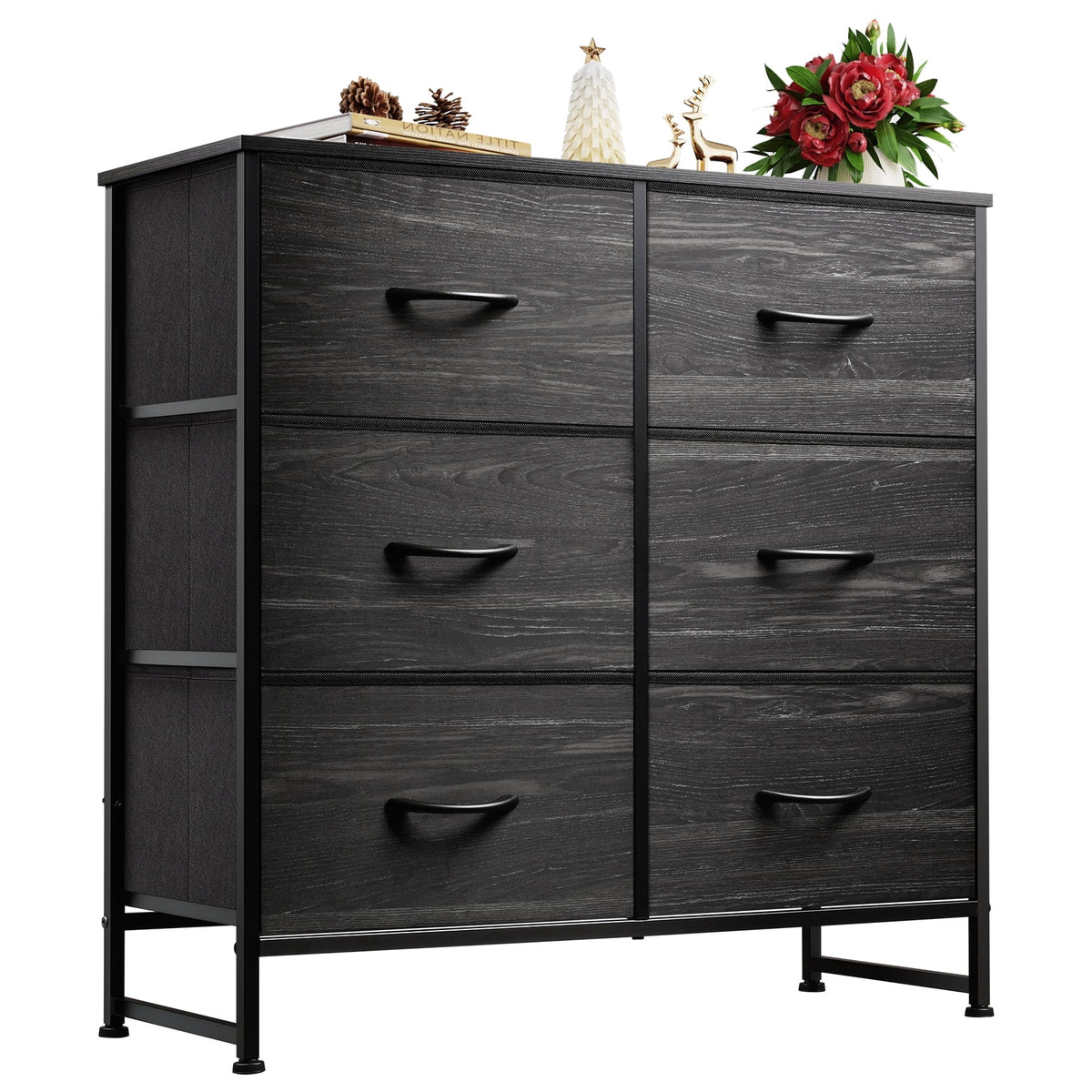 GALAXHERO 6 Drawer Dresser, Black Fabric Double Dresser, Storage Tower with Fabric Bins, Chest of Drawers for Bedroom, Closet, Living Room, Hallway