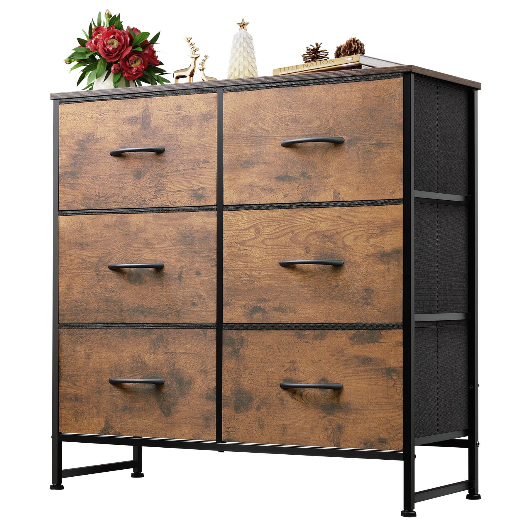 GALAXHERO 6 Drawer Dresser, Black Fabric Double Dresser, Storage Tower with Fabric Bins, Chest of Drawers for Bedroom, Closet, Living Room, Hallway,Charcoal Black Wood Grain Print