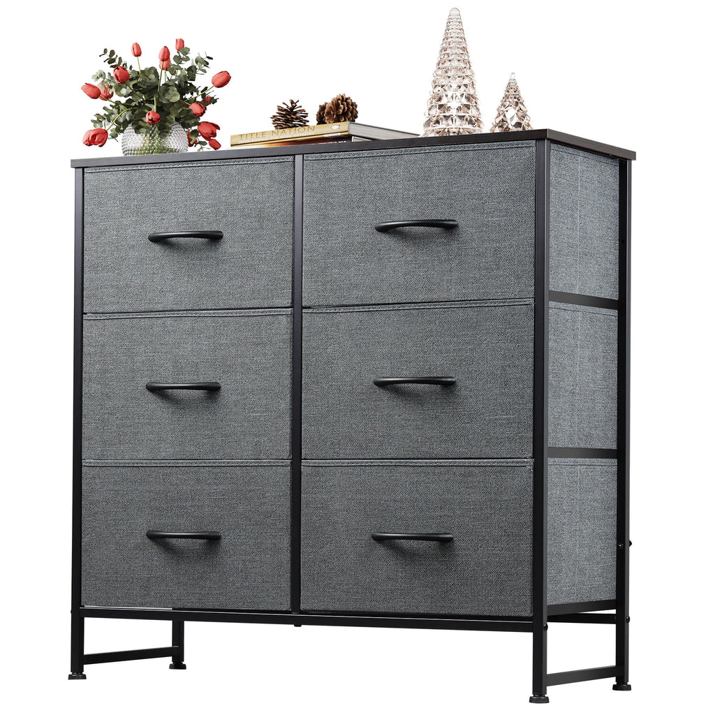 GALAXHERO 6 Drawer Dresser, Black Fabric Double Dresser, Storage Tower with Fabric Bins, Chest of Drawers for Bedroom, Closet, Living Room, Hallway,Charcoal Black Wood Grain Print