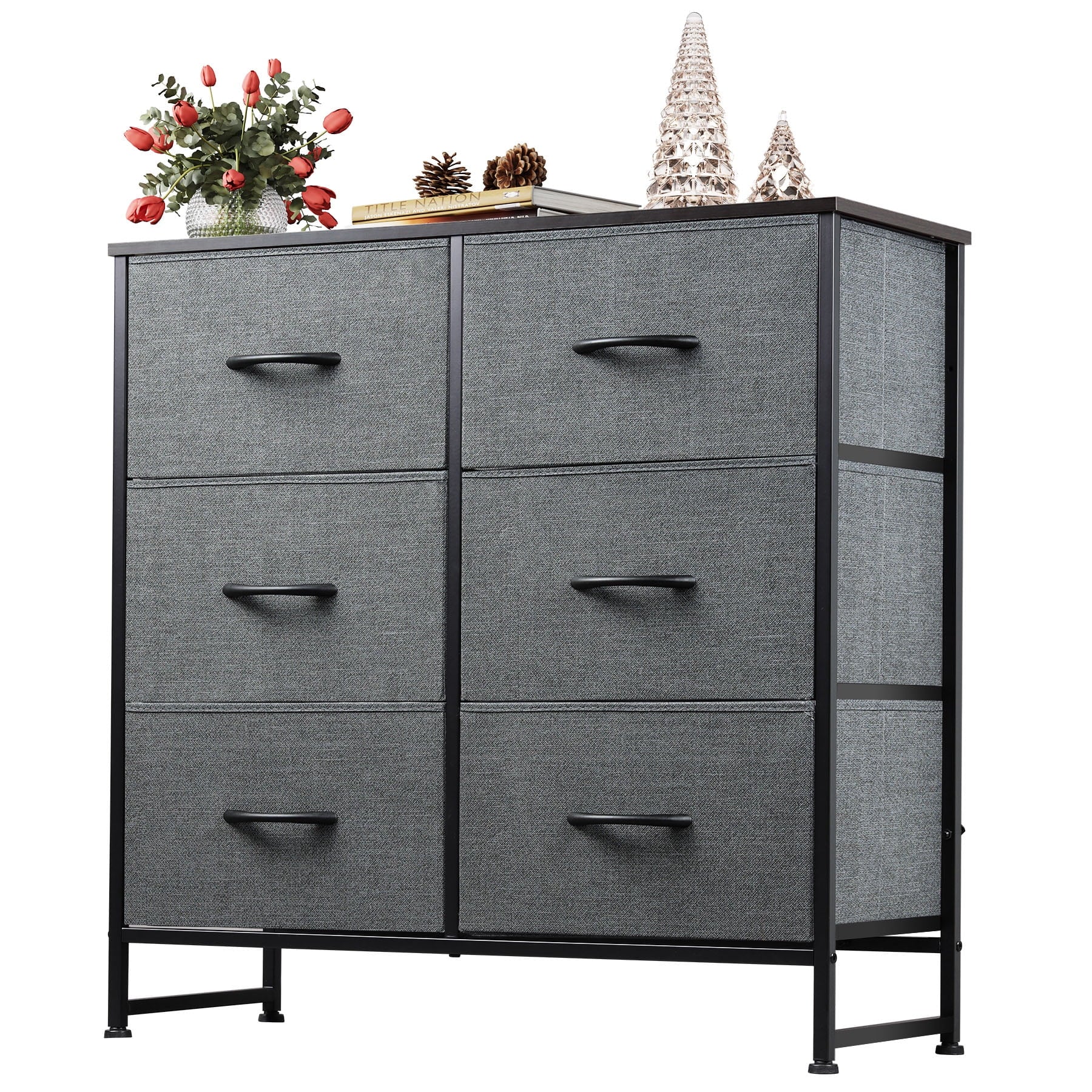 GALAXHERO 6 Drawer Dresser, Black Fabric Double Dresser, Storage Tower with Fabric Bins, Chest of Drawers for Bedroom, Closet, Living Room, Hallway,Charcoal Black Wood Grain Print