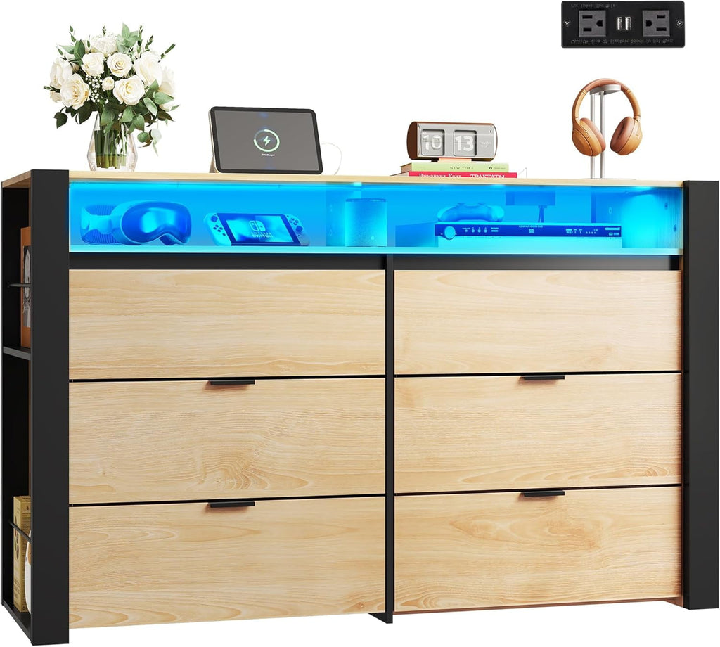 GALAXHERO 6 Drawer Led Dresser for Bedroom, Wood Dresser Storage Organizer with Charging Station for 55" TV, Dressers with Open Shelves, Chest of Drawers for Closet, Hanging Rack, Living Room