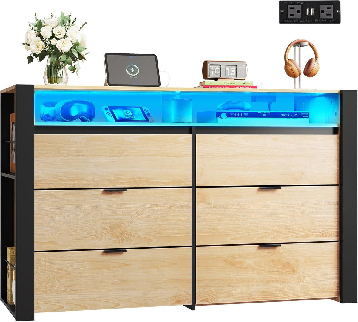 GALAXHERO 6 Drawer Led Dresser for Bedroom, Wood Dresser Storage Organizer with Charging Station for 55" TV, Dressers with Open Shelves, Chest of Drawers for Closet, Hanging Rack, Living Room