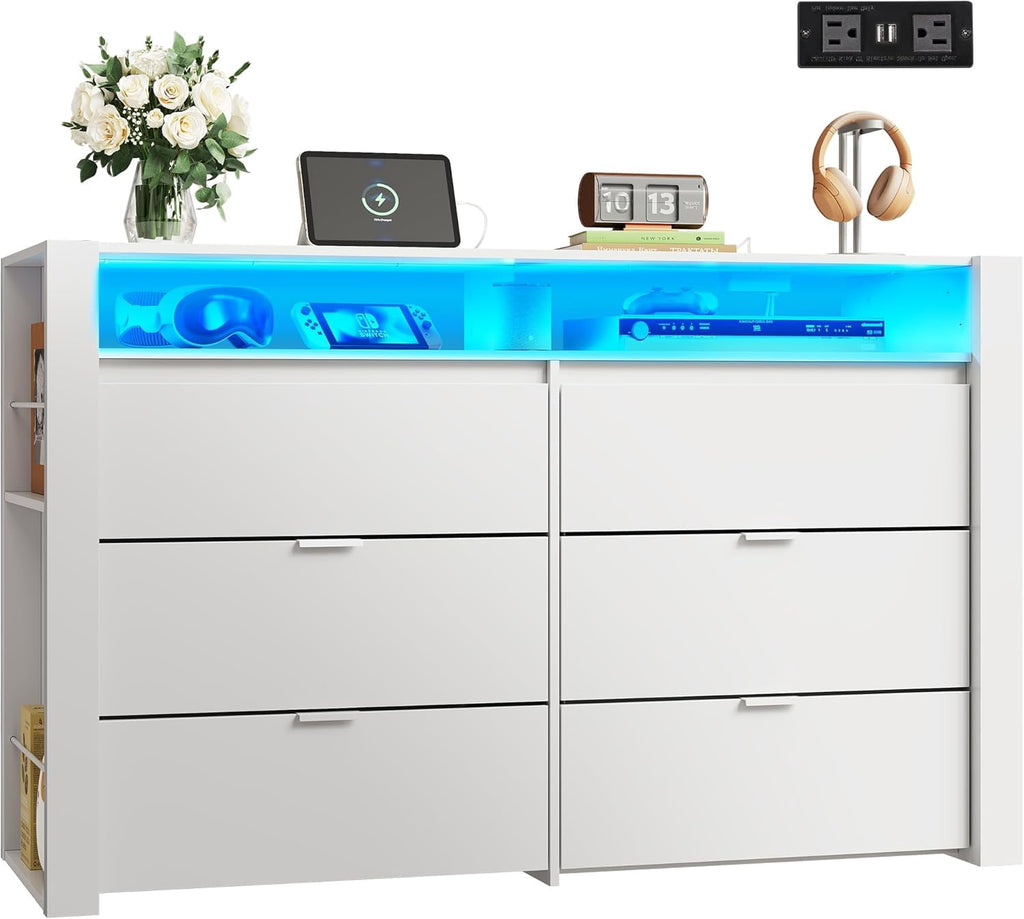 GALAXHERO 6 Drawer Led Dresser for Bedroom, Wood Dresser Storage Organizer with Charging Station for 55" TV, Dressers with Open Shelves, Chest of Drawers for Closet, Hanging Rack, Living Room