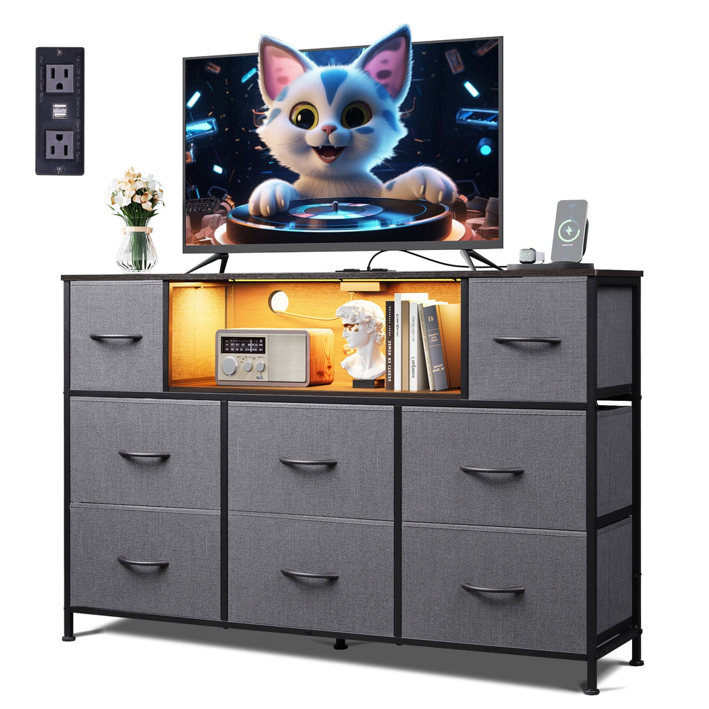 GALAXHERO 8-Drawer Dressers for Bedroom, Dresser TV Stand for 55'' TV with LED Lights and Power Outlets, Fabric Chest of Drawers for Living Room, Entryway