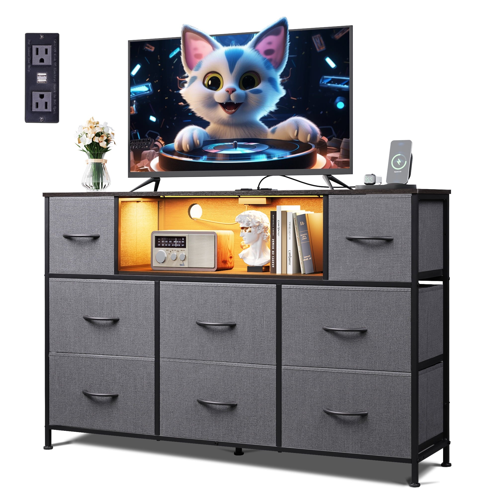 GALAXHERO 8-Drawer Dressers for Bedroom, Dresser TV Stand for 55'' TV with LED Lights and Power Outlets, Fabric Chest of Drawers for Living Room, Entryway