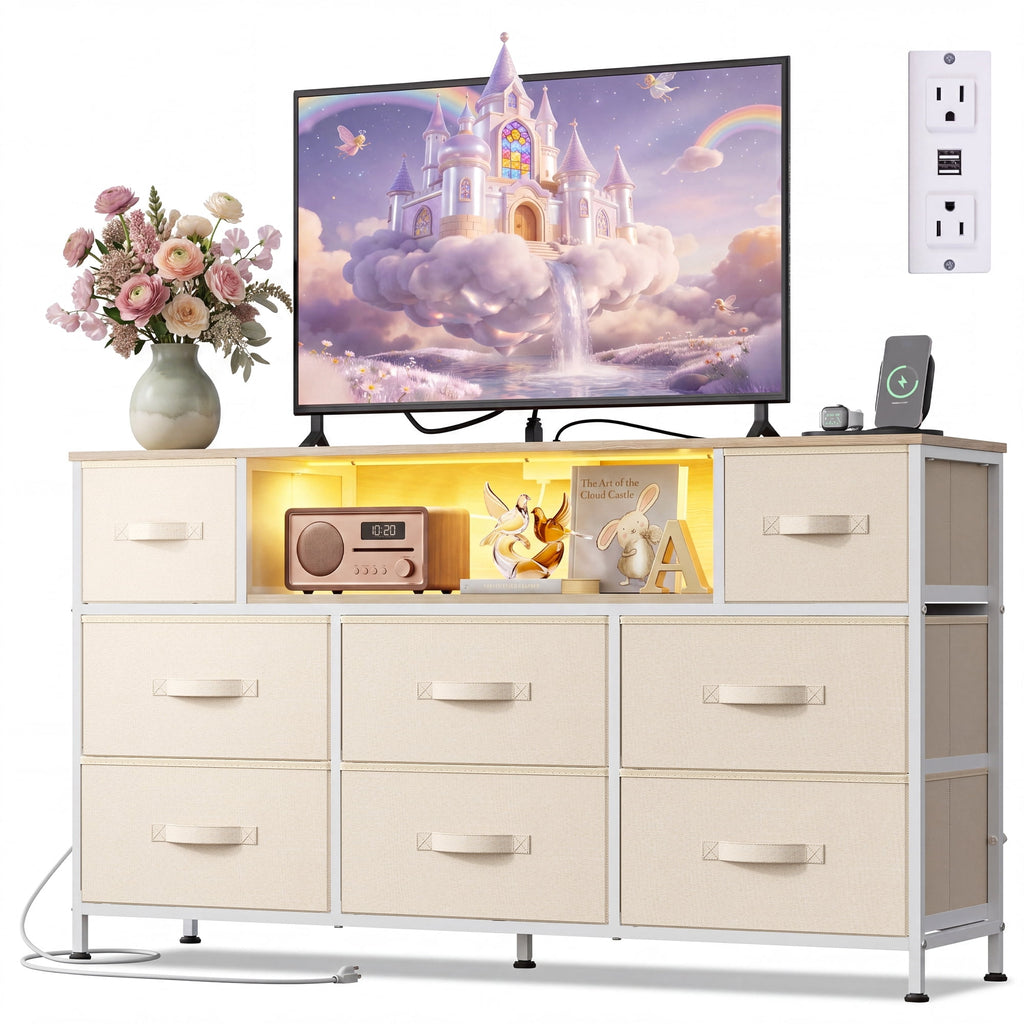 GALAXHERO 8-Drawer Dressers for Bedroom, Dresser TV Stand for 55'' TV with LED Lights and Power Outlets, Fabric Chest of Drawers for Living Room, Entryway