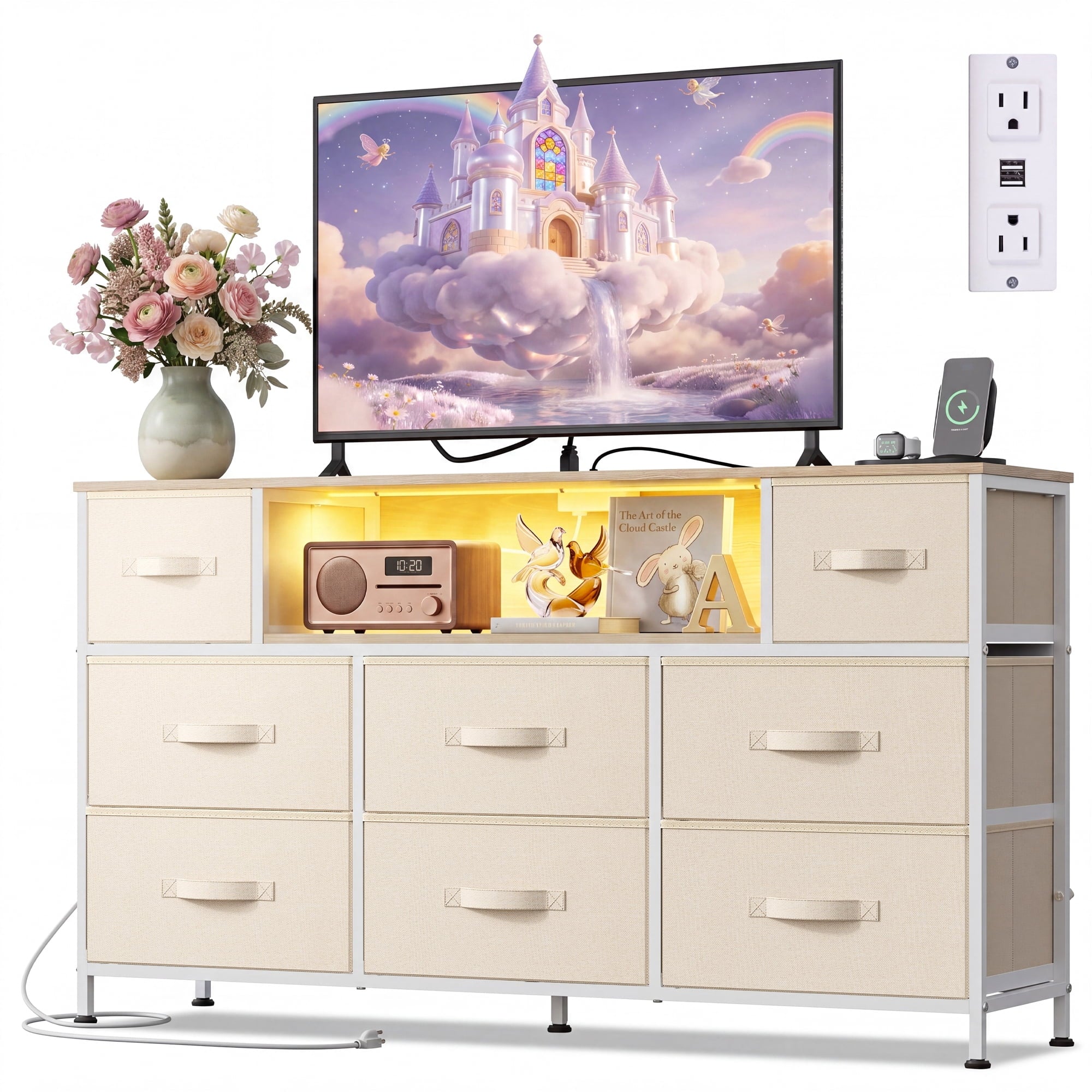 GALAXHERO 8-Drawer Dressers for Bedroom, Dresser TV Stand for 55'' TV with LED Lights and Power Outlets, Fabric Chest of Drawers for Living Room, Entryway